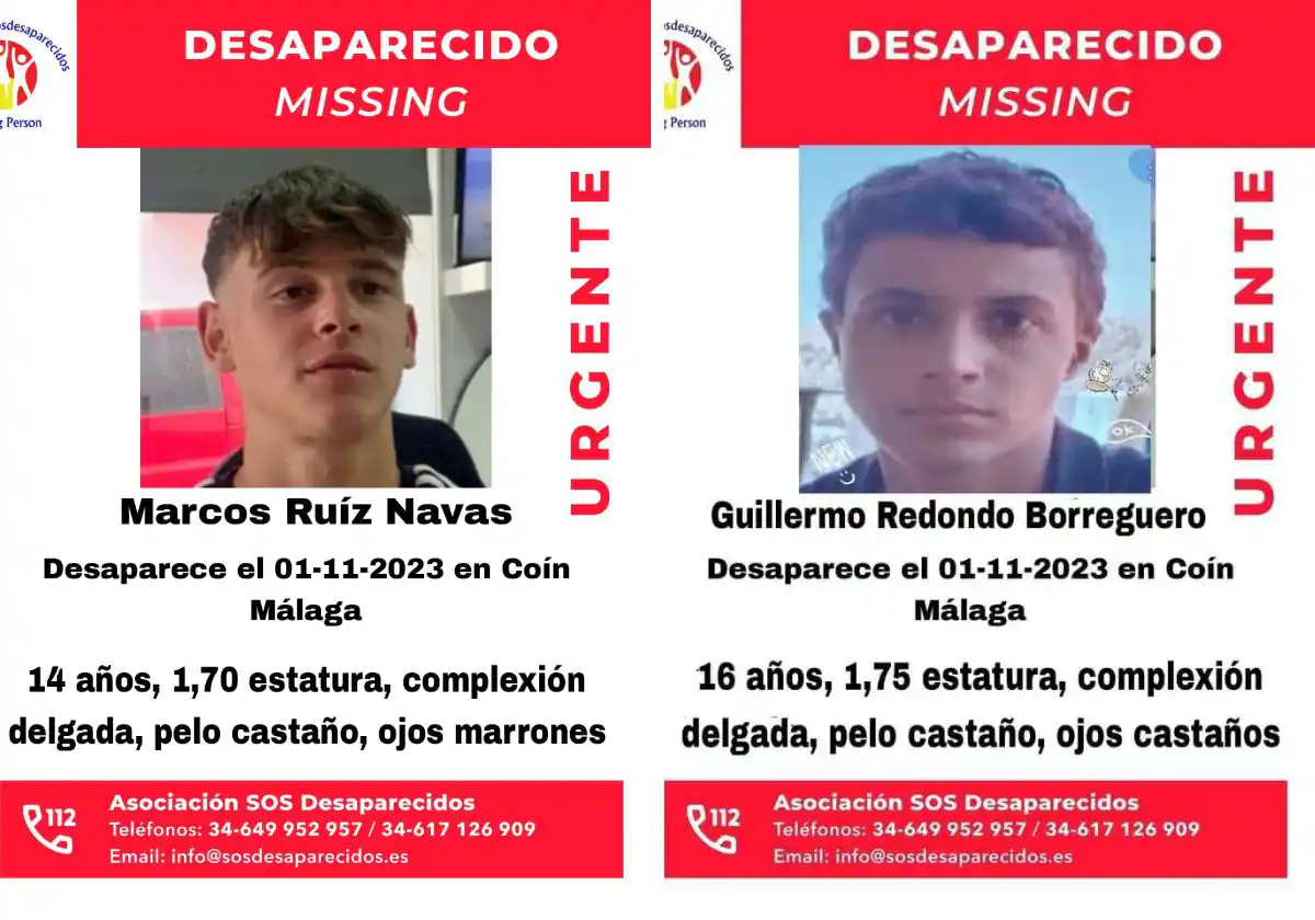 Desaparecen dos jóvenes en Coín: Buscan a Marcos Ruiz y Guillermo Redondo, se sospecha fuga voluntaria