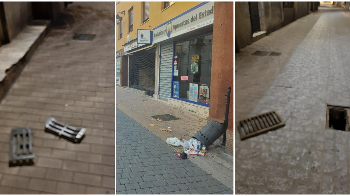 Registros y alcantarillas quitadas o papeleras volcadas en el Casco Histórico de León.