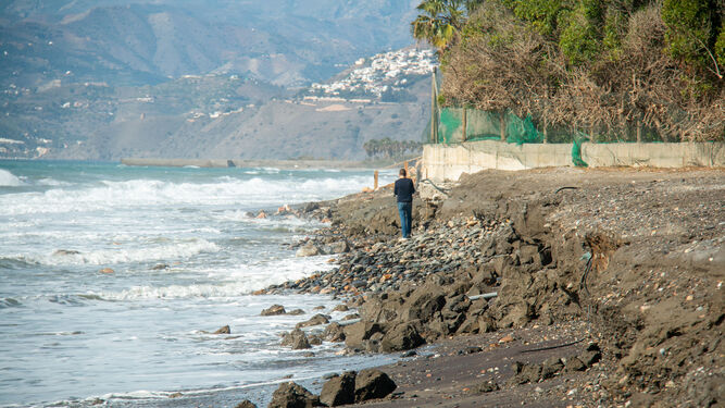 La aparición del escalón en Playa Granada y destrozos en invernaderos: los estragos de la borrasca Ciarán en la Costa