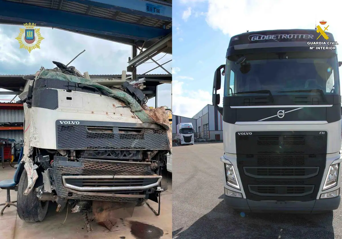Hace pasar un camión nuevo por otro siniestrado y reparado en Logroño