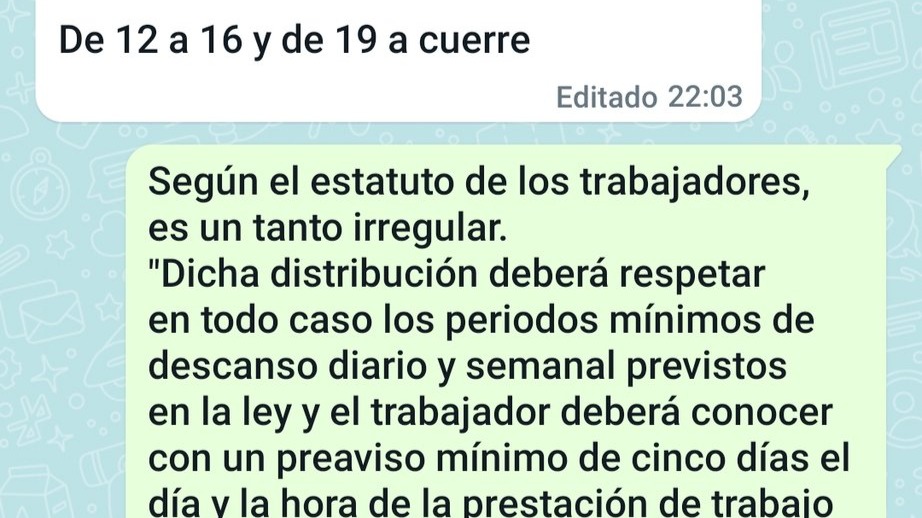 Lo despiden por WhatsApp de un bar de Huelva tras advertirle al jefe que no respeta "los descansos diarios"