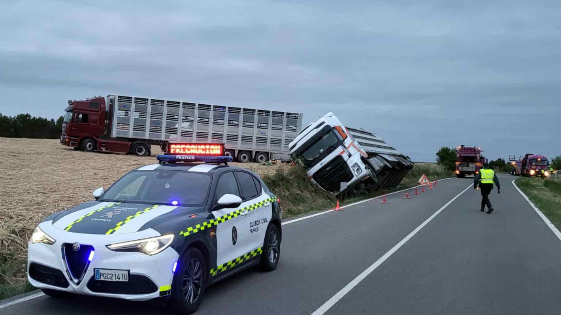 Vuelca un camión cargado con casi 200 cerdos tras un accidente en Navarra