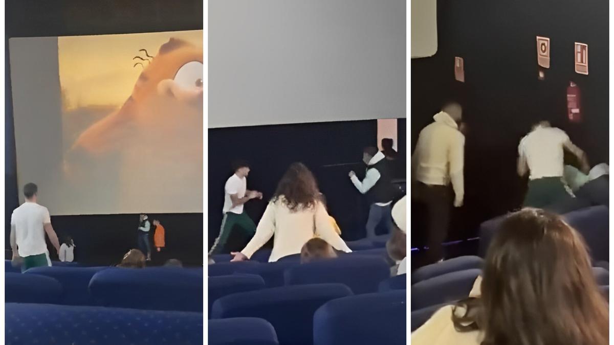 Tres momentos de la pelea grabada durante la proyección de una película infantil en León.