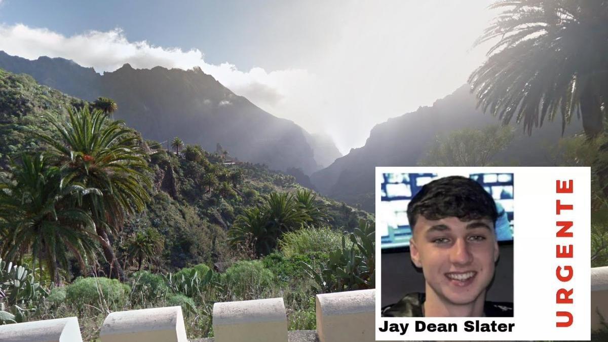 Caserío de Masca, en Tenerife, y el joven desaparecido Jay D. Slater.