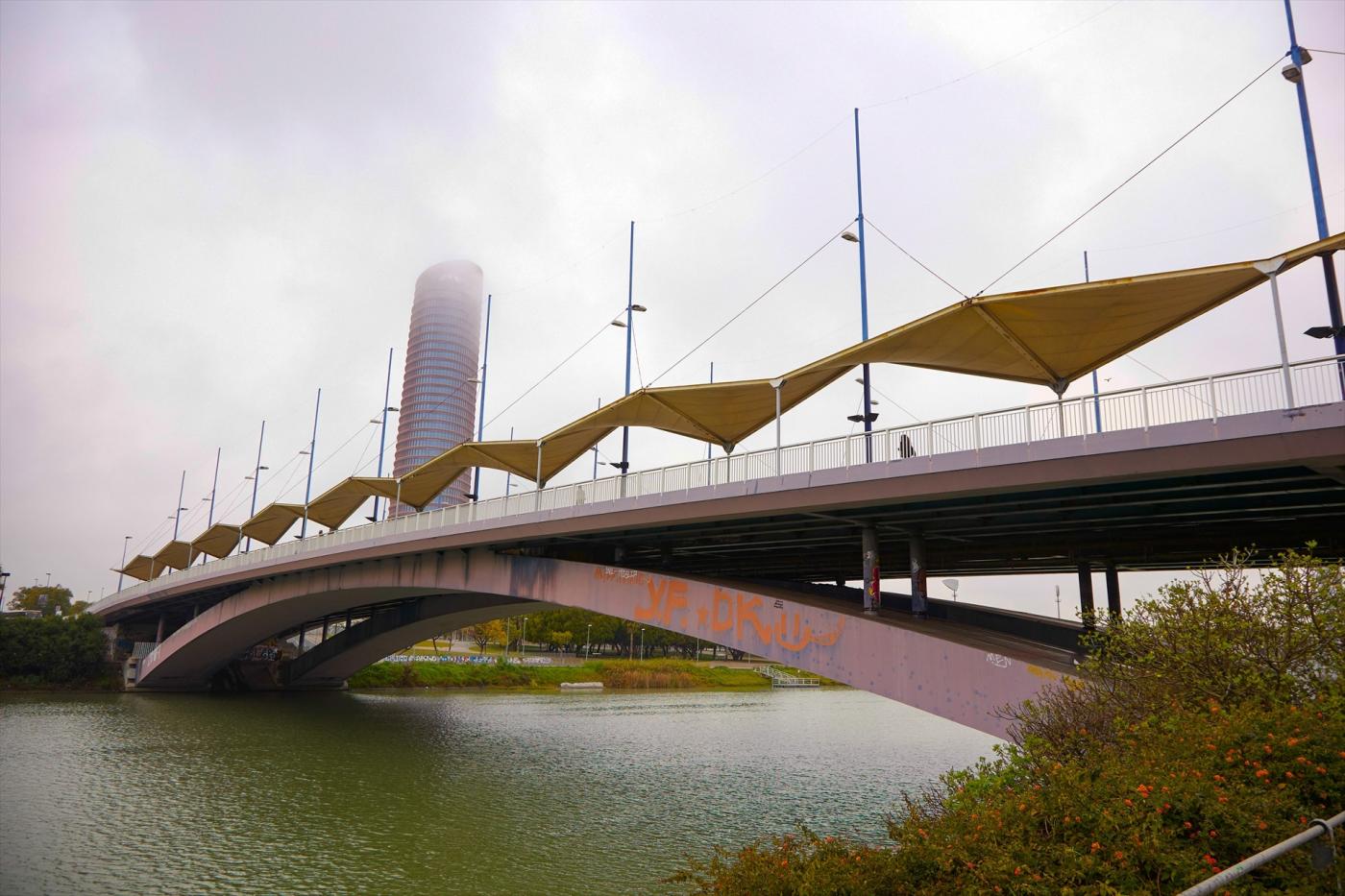 Imagen del puente del Cachorro con la torre Sevilla al fondo. - EP.