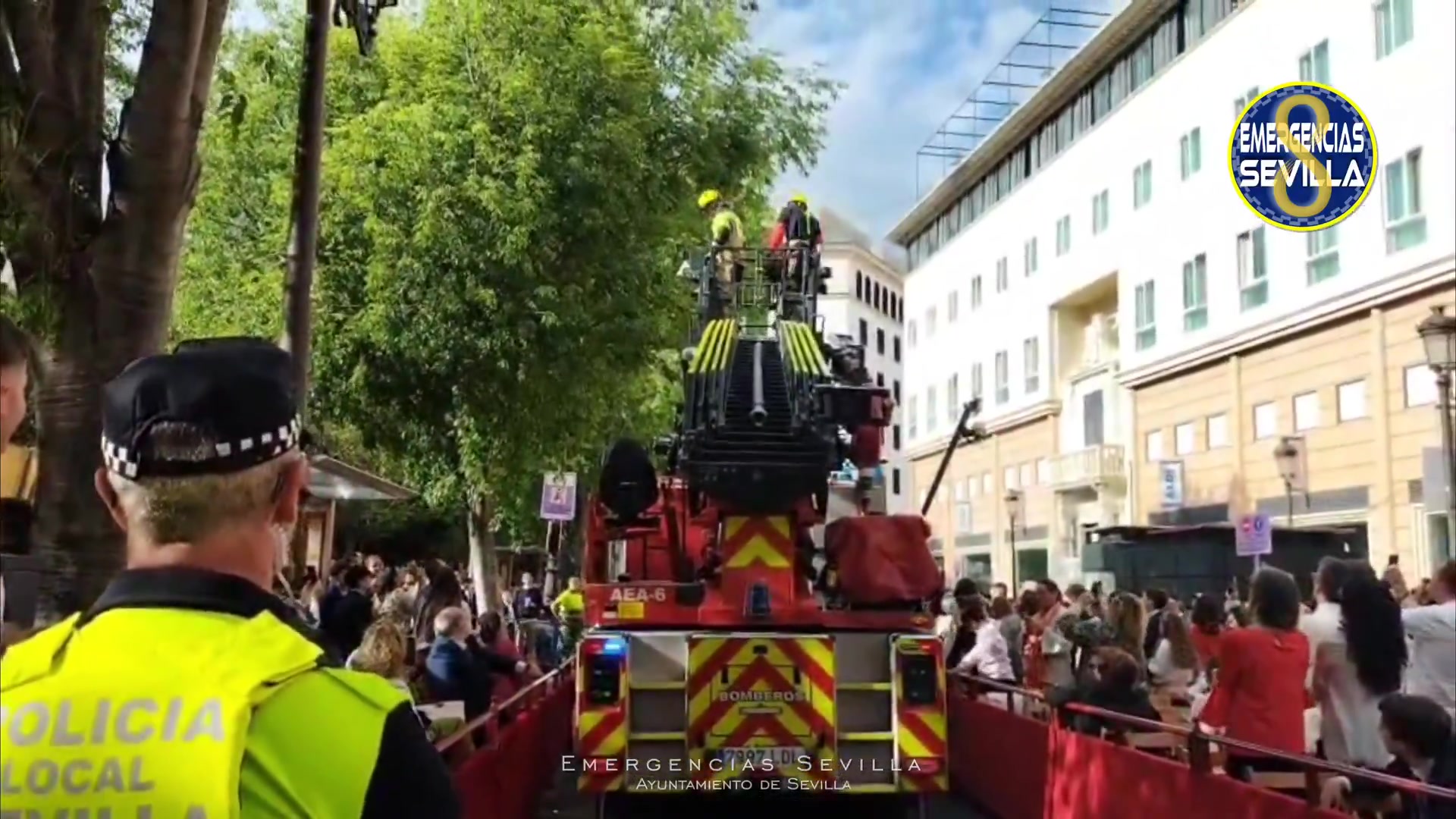 Los Bomberos de Sevilla tienen que cortar las ramas que impedían el paso de una cofradía