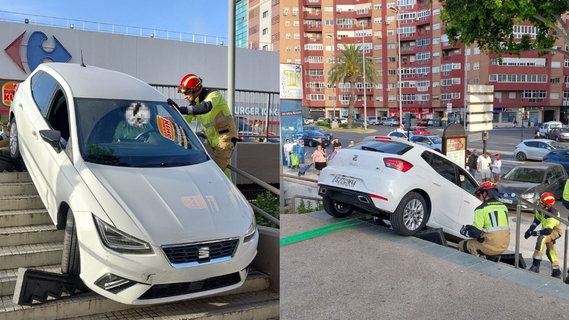 Bomberos rescatan un coche atrapado en las escaleras de un hipermercado en Cartagena
