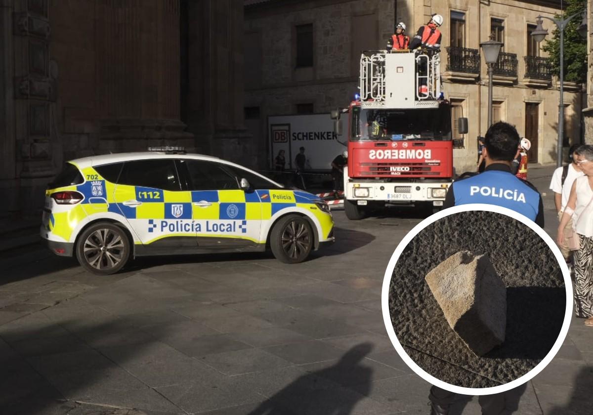 Un desprendimiento en la fachada de la Purísima moviliza a los Bomberos de Salamanca