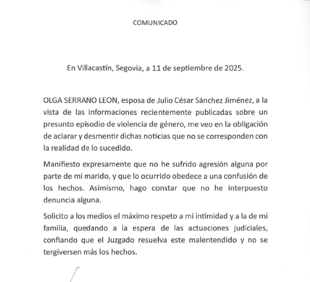 La mujer de Julio Sánchez asegura que no ha sufrido agresión