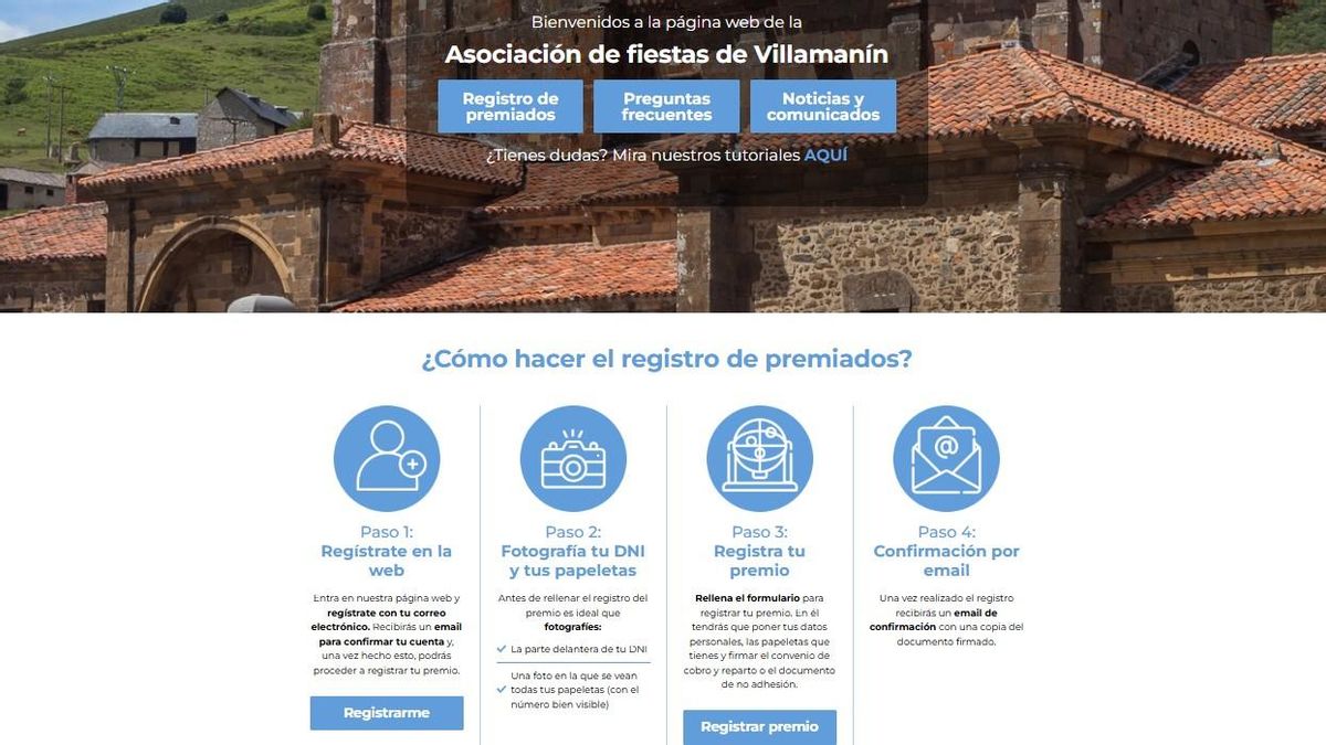 Web de la Comisión de Fiestas para el controvertido cobro de premio Gordo de la Lotería de Navidad 2025.