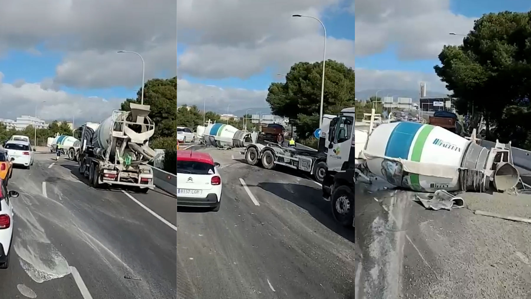 Un camión hormigonera pierde la carga y provoca el caos circulatorio en la Vía de Cintura de Palma