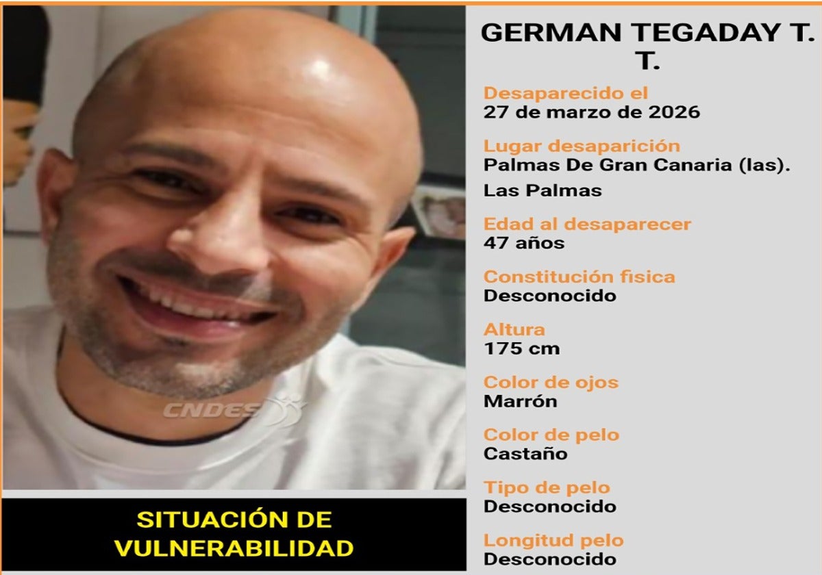 Buscan a German Tegaday, un hombre de 47 años desaparecido en Las Palmas de Gran Canaria, en situación de vulnerabilidad