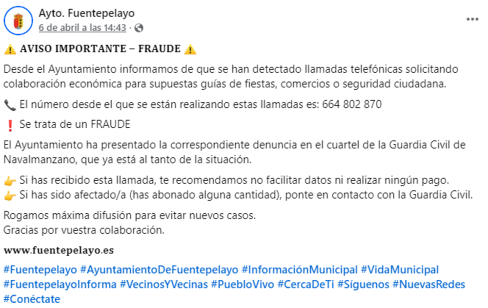 Fuentepelayo alerta de un fraude pidiendo dinero para fiestas