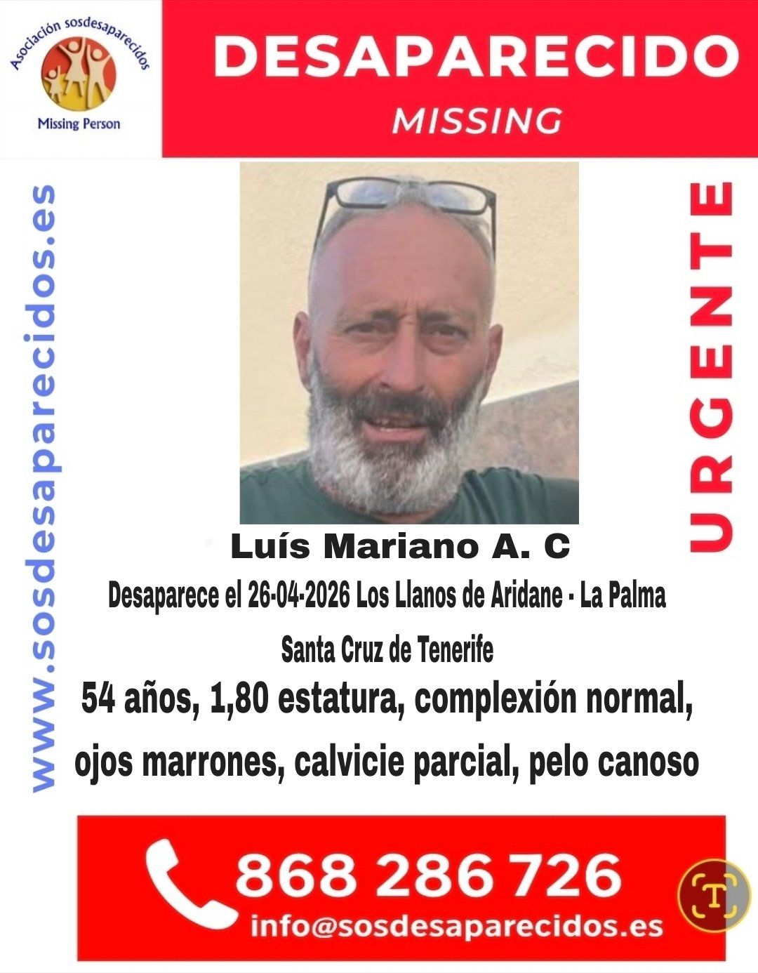 Buscan a Luis Mariano, desaparecido en La Palma desde el 26 de abril
