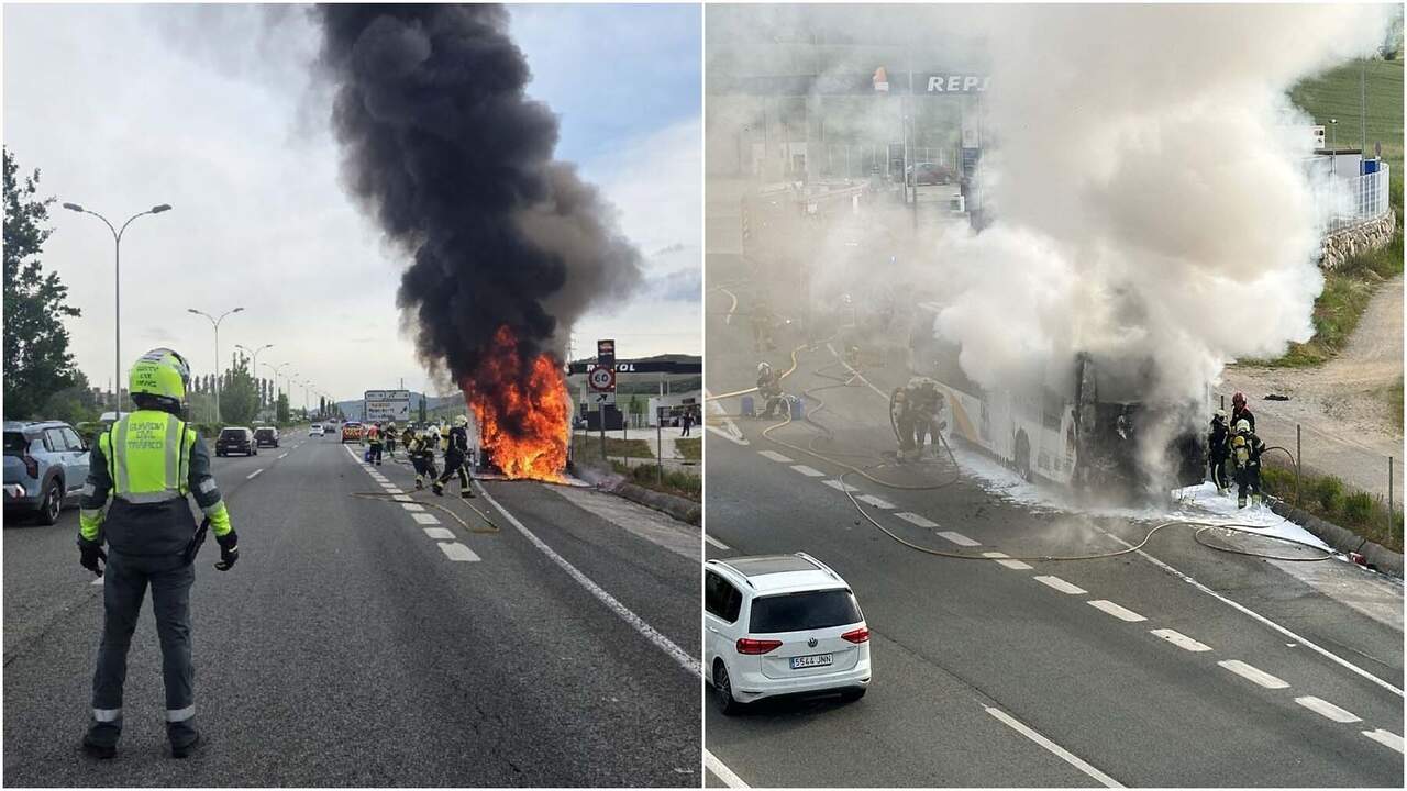 Arde una villavesa en la ronda de Pamplona junto a una gasolinera y provoca una gran humareda