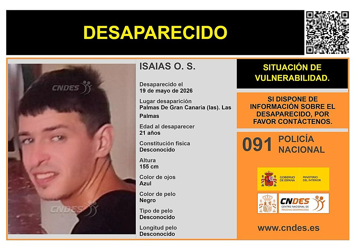 La Policía Nacional busca a Isaias O.S., un joven de 21 años desaparecido en Las Palmas de Gran Canaria. ¡Colabora con información!