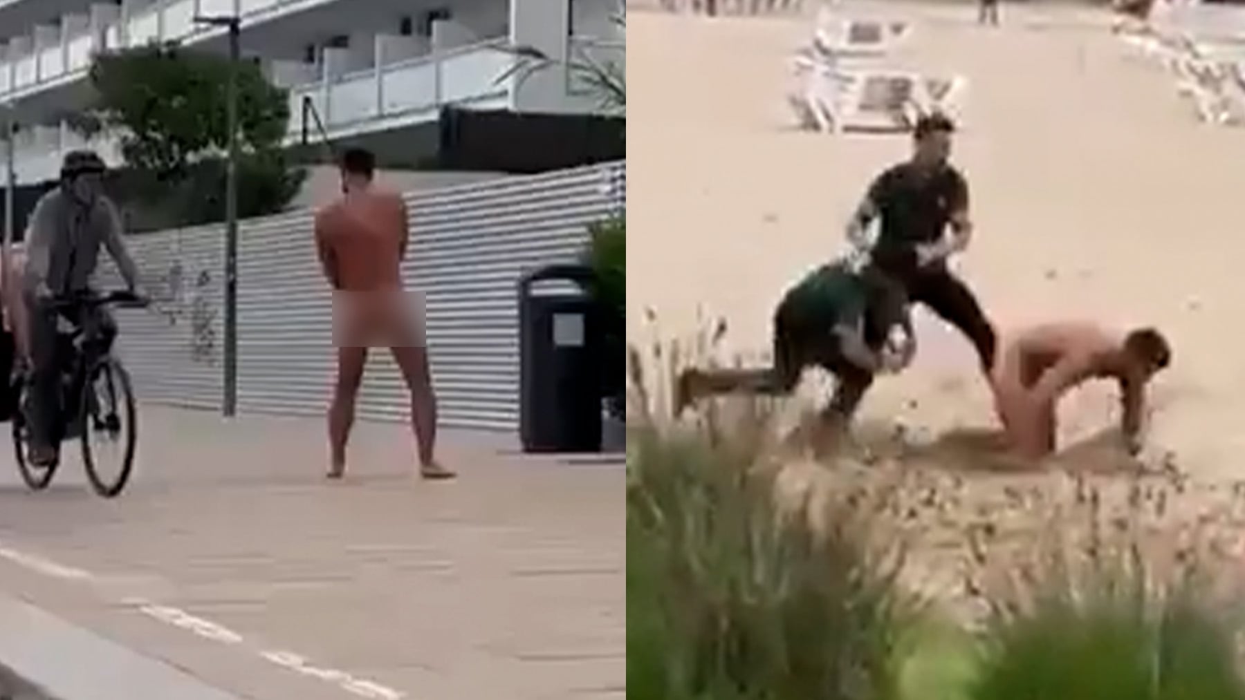 Un joven turista desnudo y fuera de control lanza puñetazos al aire en pleno paseo marítimo de Sant Antoni de Ibiza