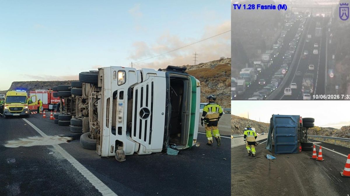El camión, volcado en la TF-1 en la mañana de este miércoles.
