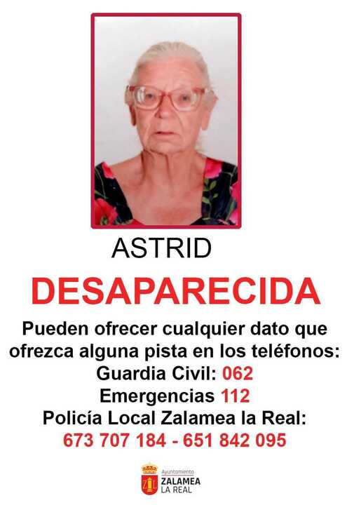Continúa la búsqueda de Astrid, la mujer de 84 años desaparecida en Zalamea la Real: se organizan batidas con voluntarios y cuerpos de seguridad.