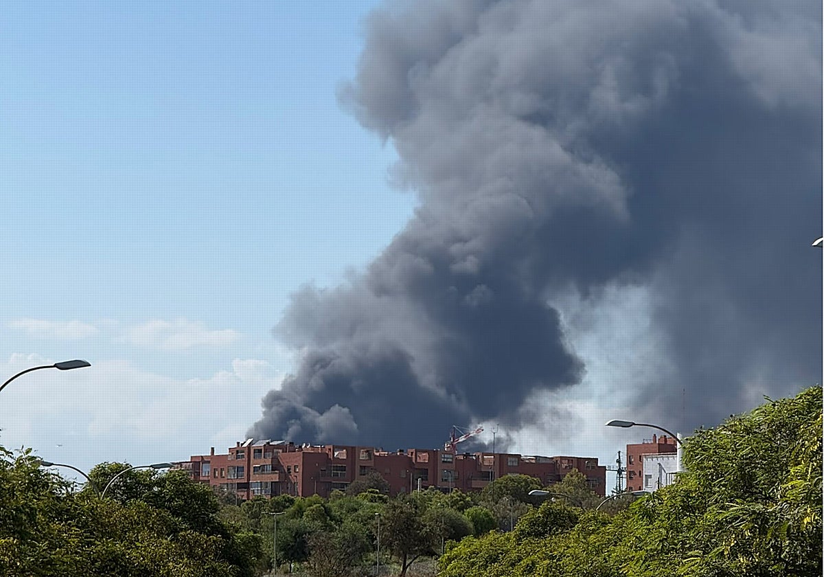 Alarma por una gran columna de humo en Málaga: se incendia el desguace de Los Asperones