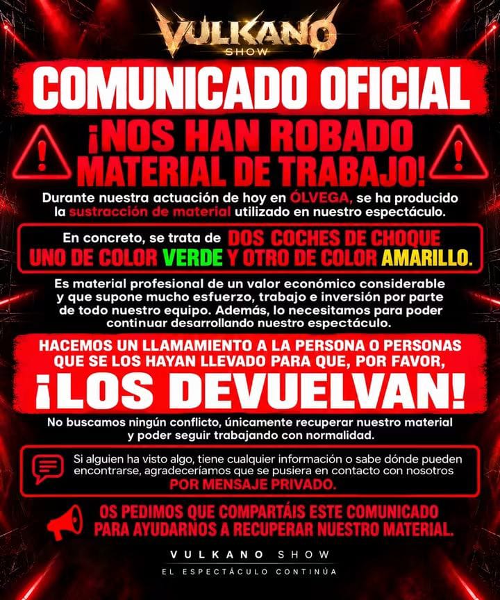 Roban material de trabajo a la orquesta Vulkano Show durante una actuación en Ólvega