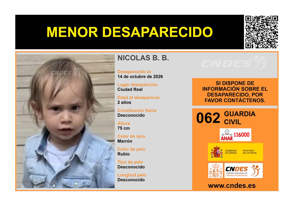 Piden la colaboración ciudadana para localizar a un menor de 2 años desaparecido en Ciudad Real