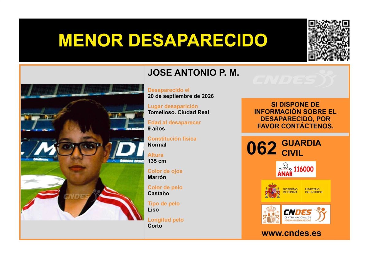 Buscan a un niño de 9 años desaparecido en Tomelloso el 20 de septiembre