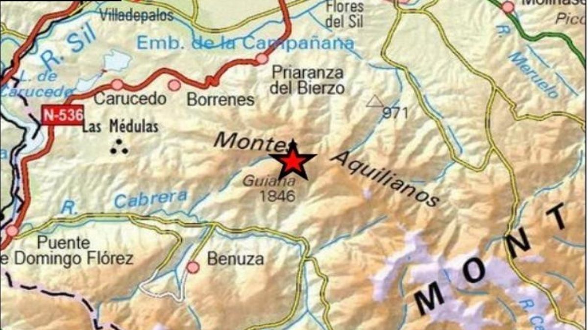 Epicentro del terremoto sobre un mapa del Bierzo.